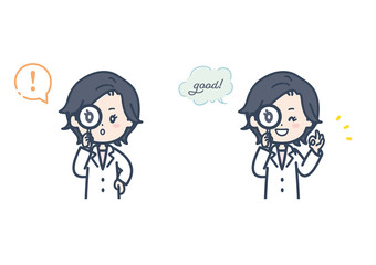 虫眼鏡を持つ女性医師　ポーズ　イラストセット