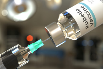 Glass vial with rubella vaccine and needle of a syringe. 3D rendering