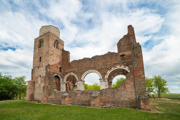 Fototapeta na wymiar Novi Becej, Serbia - May 25, 2020: Arača (Hungarian: Aracs) is a medieval Romanesque church ruin located about 12 km of Novi Bečej, Serbia. It was built around 1230 during of the Kingdom of Hungary.