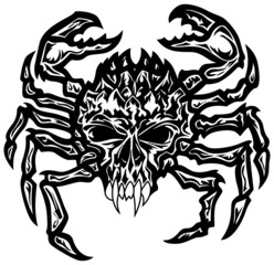 Black and white crab with a skull head and creepy teeth in a tatto style.