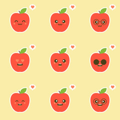 Apple. Cute fruit vector character set isolated on color bacground