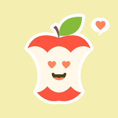 Red bitten apple with a funny face with a small leaf. Drawn in a cute style and isolated on white. Can represent healthy eating, dentistry, children lunches, vitamins, veganism and agriculture.