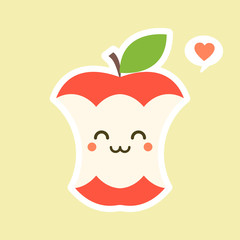 bitten Apple character with funny face. Happy cute cartoon apple emoji. Healthy vegetarian food character vector illustration