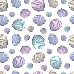 Seamless shell pattern. Vector Illustration of hand drawn seashells in doodle style. Beach design.