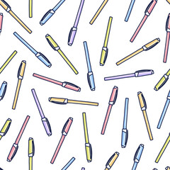 Naklejka premium Colorful pens pattern in cartoon style. Seamless texture with pens. Doodle vector elements. Back to school background. Hand drawn sketch.