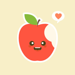 Red bitten apple with a funny face with a small leaf. Drawn in a cute style and isolated on white. Can represent healthy eating, dentistry, children lunches, vitamins, veganism and agriculture.