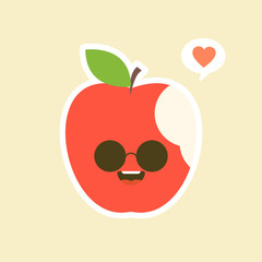 bitten Apple character with funny face. Happy cute cartoon apple emoji. Healthy vegetarian food character vector illustration