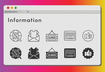 information icon set. included newsletter, like, closed, barcode, internet icons on white background. linear, filled styles.