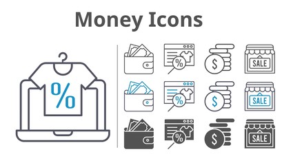 money icons icon set included online shop, wallet, shop, money icons