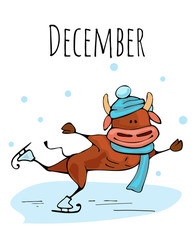 A bull cartoon skates. Ox cartoon, symbol of the 2021 new year, bull sports and fitness fun vector illustration for a postcard or calendar.