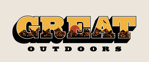 Great Outdoors Slogan with Sunset and Mountains Illustration Inside Vector Artwork for T-shirt Print and Other Uses