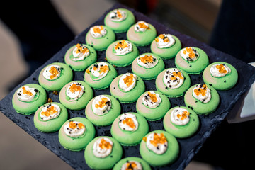 Many different meat canapes for the whole frame. Horizontal frame