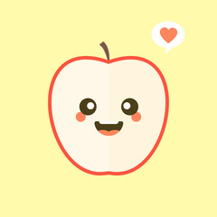 Cute half apple cartoon character. Vector concept illustration in a flat style for a healthy eating and lifestyle. cute and Kawaii emoticon vector illustration