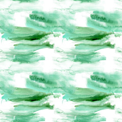 Seamless pattern with brush emerald strokes painted in watercolor on white background