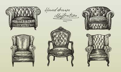 Hand-drawn sketch of collection of 5 armchairs of antique period. Chesterfield leather armchair with quilted and long backrest. Armchair of the antique period. Vintage armchair. Chesterfield sofas	 - 353508415