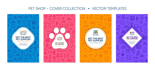 Set of colorful banner template for pet shop, veterinary clinic, pet store, zoo, shelter. Card, flyer, banner, poster for advertisement with outline pattern. Flat style design, vector illustration.