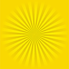 Cartoon Comic Style Square Background Based Shining Rays Circle over Halftone Pattern - Yellow on Similar Backdrop - Pop Art Graphic Design