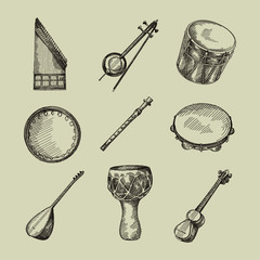 Set of hand-drawn national azerbaijan musical instruments. Qanun or Kanun, Kemenche, Boyuk nagara, Dilli kaval, Daf of Qaval, Saz or Baglama, Tar, Dumbek	