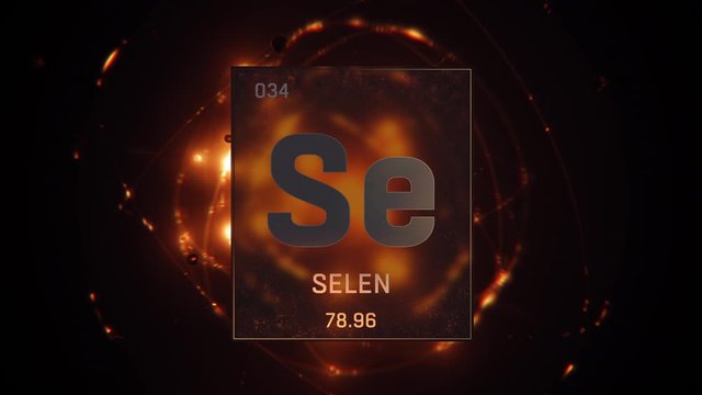 Selenium as Element 34 of the Periodic Table. Seamlessly looping 3D animation on orange illuminated atom design background orbiting electrons name, atomic weight element number in German language