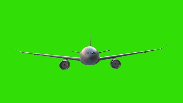 Passenger airplane flying animation on green screen background. 4k footage