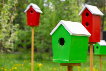 Obraz na płótnie Canvas Birdhouse of green color on a background of red birdhouses