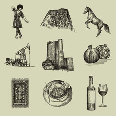 Obraz premium Hand-drawn sketch of national Azerbaijan symbols. Patterned carpet, qobustan rock, pomegranate, oil pump, Maiden tower, Karabakh horse on hind legs, lezginka dancer in a national costume 