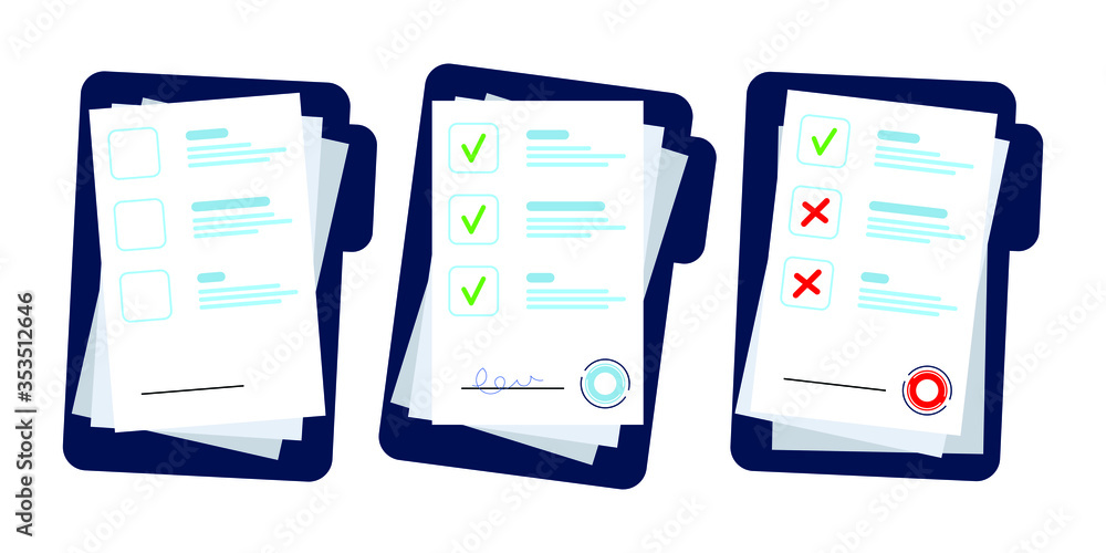 Poster set of stock contract papers document folder with stamp and text stack of agreements document with s