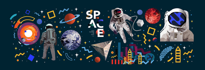 Raum. Abstrakte Vektorgrafiken eines Astronauten, Planeten, Galaxie, Mars, Zukunft, Erde und Sterne. Science-Fiction-Zeichnung für Poster, Cover oder Hintergrund