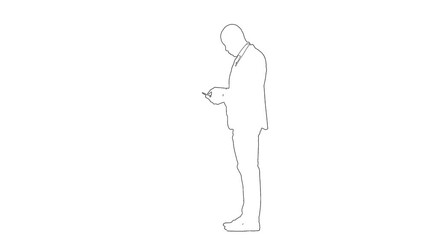 Outline sketch of man in suit and tie is writes a message by mobile phone isolated on white background