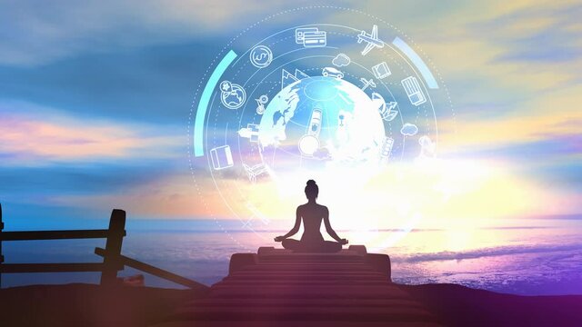 Silhouette of a woman meditating at dawn.