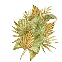 Hand painted boho bouquet with dry leaves, twigs. Tropical leaves composition isolated on white. Perfect for wedding invitations, greeting cards, posters print, magazine, blog, pattern. Cozy style