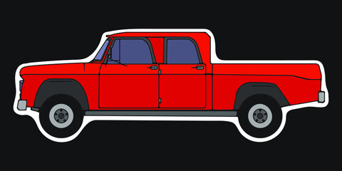 Red retro pickup. Side view, cartoon style.