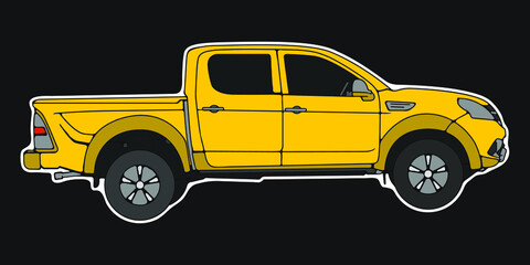 Modern yellow Pickup truck. Vector illustration. Side view, cartoon style.