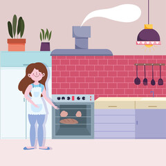 people cooking, girls baking bread in the kitchen