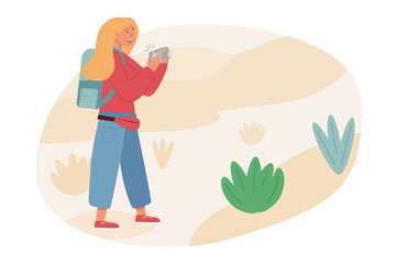 Concept of young tourist woman with backpack hiking outdoors and taking picture of landscape. Flat vector illustration.