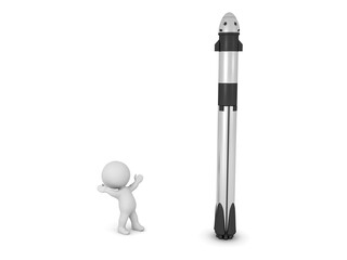 3D Character looking up excited at rocket spaceship