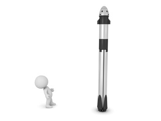 3D Character looking up at rocket spaceship