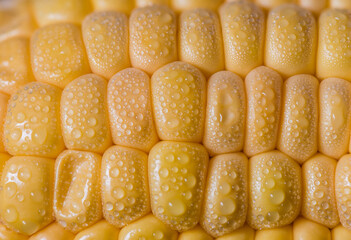 Water droplets on grains of fresh corn