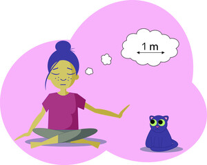 An illustration of a meditating girl sitting with her eyes closed and social distancing from her cat.