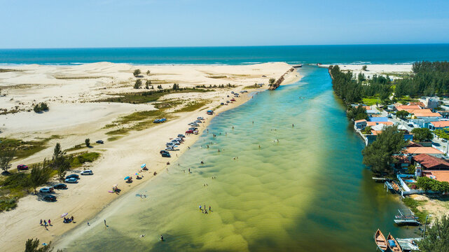 Barra do Camacho - Laguna - SC. Aerial view scenic landscape of Barra do Camacho beach and dunes in Laguna - Santa Catarina - Brazil