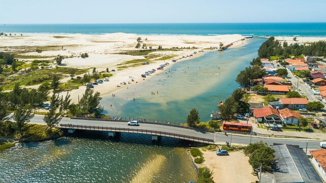 Barra do Camacho - Laguna - SC. Aerial view scenic landscape of Barra do Camacho beach and dunes in Laguna - Santa Catarina - Brazil