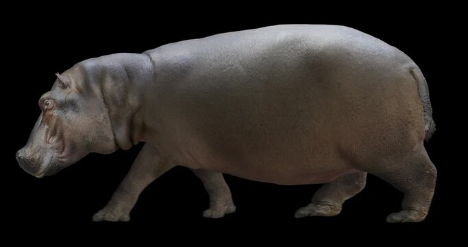 Hippo walking is realistic animation. Isolated hippopotamus video including alpha channel allows to add background in post-production. Element for visual effects.