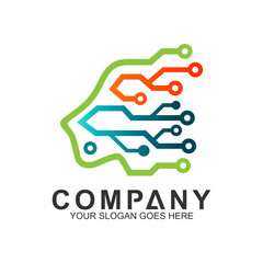brain tech logo with line design illustration, colorful icons