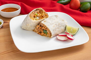 Vegetarian rice and bean burrito. Light and healthy Mexican food,