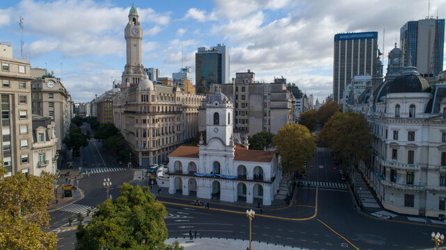 Aerial photo with drones. Cabildo building in Buenos Aires, Argentina.