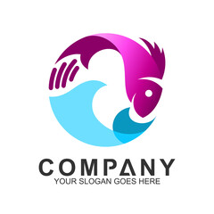 fish logo with wave in circle shape,fishing vector logo