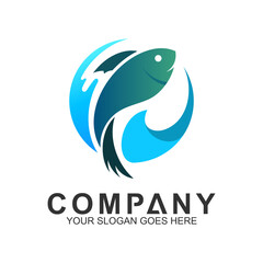 fish logo with wave in circle shape,fishing vector logo