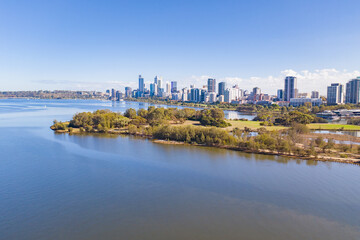 Perth City skyline with Heirisson island in the foreground. 