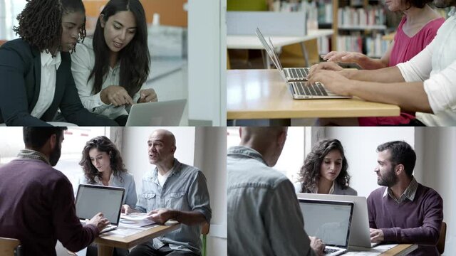 Focused business colleagues and partners using laptops, meeting and discussing projects. Multiscreen montage, collage portraits. Communication and teamwork concept
