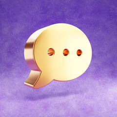 Speech bubble icon. Gold glossy Speech bubble symbol with three dots isolated on violet velvet background. Modern icon for website, social media, presentation, design template element. 3D render.